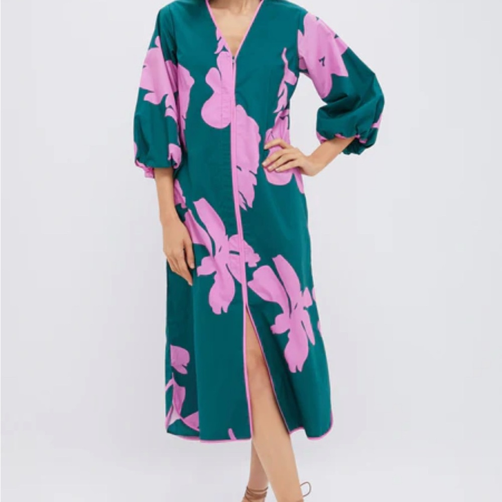 Women's Teal and Pink Floral Long-Sleeve Midi Dress